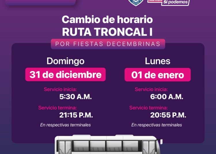 Anuncian Cambios en Horarios de Servicio en Ruta Troncal 1 por Festividades de Año Nuevo