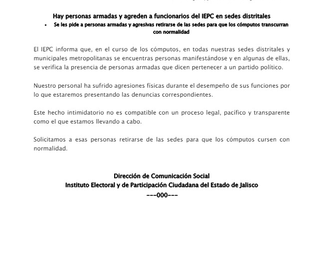 Violencia contra trabajadores del IPEC en Jalisco durante cómputo distrital