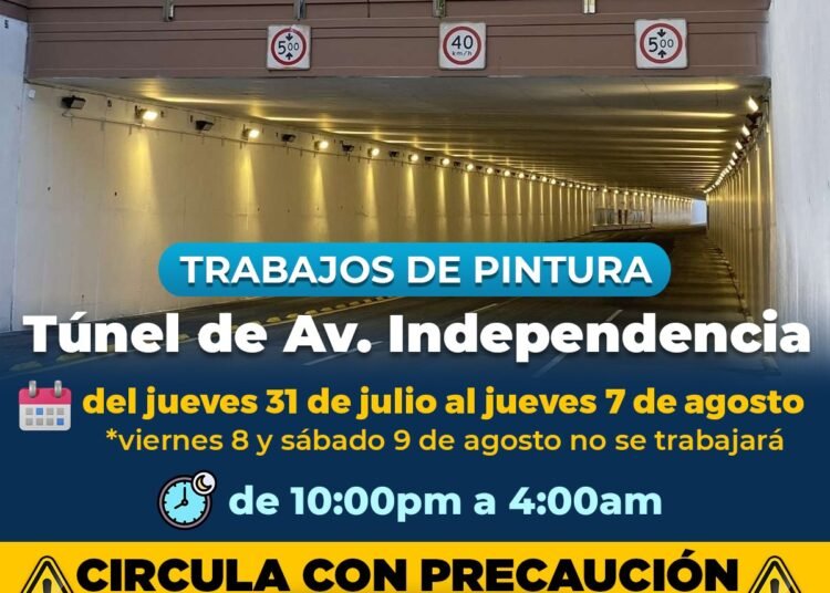 Conduce con precaución, Municipio trabajará con pintura en túnel de avenida Independencia